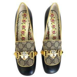 Gucci with Leather GG Supreme Embellished Mid-Heel Loafer Pump (Size 40)
